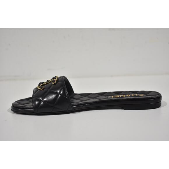 Chanel 23P Black Chain Gold CC Logo Quilted Mules Slide Sandal Slip On Flat 36.5 - Picture 9 of 12
